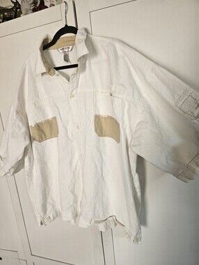 Vintage HipHop History Linen Shirt 3XL White Cotton Blend Short Sleeve Big Tall